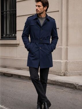David Naman navy Belted Trench Coat Italy’s military blue Size 48 classic NWT